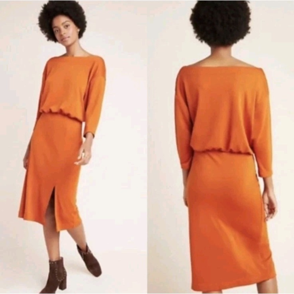 Anthropologie Dark Orange Knit Column 3/4 Sleeve Boat Neck Midi Dress Size Small